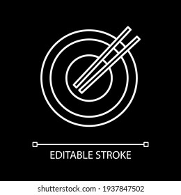 Empty dish with chopsticks white linear icon for dark theme. Eaten noodles. Asian cuisine. Thin line customizable illustration. Isolated vector contour symbol for night mode. Editable stroke