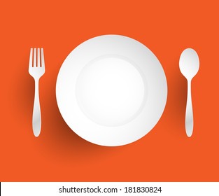 Empty dish, fork and spoon placed alongside. On orange background vector illustration