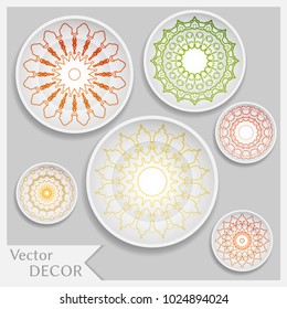 Empty dish, porcelain plate mock up design, isolated objects. Set of six decorative plates with colorful Mandala ornament patterns, art presentation. Interior decoration, home decor background