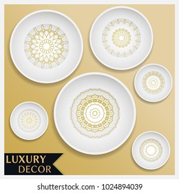 Empty dish, porcelain plate mock up luxury design, isolated objects. Set of six decorative plates with golden Mandala ornament patterns, art presentation. Interior decoration, home decor background