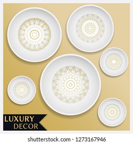 Empty dish, porcelain plate mock up luxury design, isolated objects. Set of six decorative plates with golden Mandala ornament patterns, art presentation. Interior decoration, home decor background