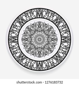 Empty dish, porcelain plate mock up design. Vector illustration. Decorative plates with Mandala ornament patterns. Home decor background.