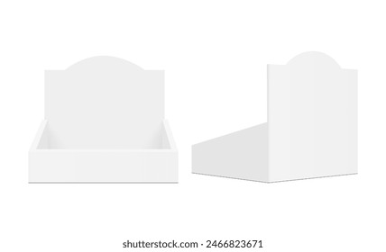 Empty Display Box Mockup, Front And Back Side View, Isolated On White Background. Vector Illustration