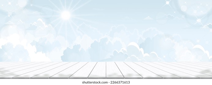 Empty Display studio White Wood TableTop on Cloud,Blue sky with Sunlight,Vector Backdrop Wood floor texture with light effect on Summer Sky.Horizon Banner Spring,Summer branding product presentation