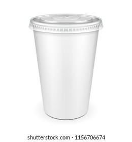 Empty Disposable Plastic Paper Carton Cup With Lid. Transparent Container For Cold, Hot Drink. Juice Fresh, Coffee, Tea, Milkshake. Illustration Isolated On White Background Mock Up Template. Vector