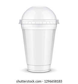 Empty Disposable Plastic Paper Carton Cup With Lidw. Transparent Container For Cold, Hot Drink. Juice Fresh, Coffee, Tea, Milkshake. Illustration Isolated On White Background Mock Up Template