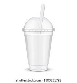 Empty Disposable Plastic Paper Carton Cup With Lid And Straw. Transparent Container For Cold, Hot Drink. Juice Fresh, Coffee, Tea, Milkshake. Illustration Isolated On White Background Mock Up Template