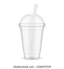 Empty Disposable Plastic Paper Carton Cup With Lid And Straw. Transparent Container For Cold, Hot Drink. Juice Fresh, Coffee, Tea, Milkshake. Illustration Isolated On White Background Mock Up Template svg