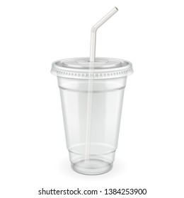 Empty Disposable Plastic Paper Carton Cup With Lid And Straw. Transparent Container For Cold, Hot Drink. Juice Fresh, Coffee, Tea, Milkshake. Illustration Isolated On White Background Mock Up Template