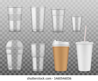 Empty disposable plastic or paper cups with cover and straw isolated on transparent. Vector takeaway coffee cup, containers to pour cold and hot drinks. Realisticbeverage package mockups. Mixed media