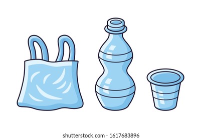 Empty disposable water bottle with cup and plastic bag isolated cartoon vector illustration, environment trash garbage pollution, rubbish waste recycling ecology issue.
