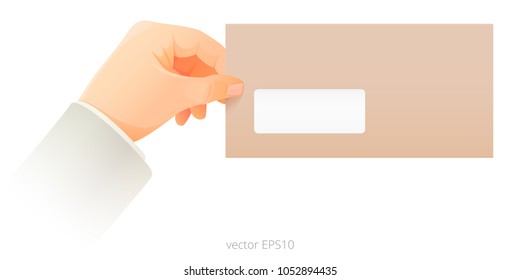 Empty DL envelope in the businessman's hand with a transparent edge. Someone's fingers pinches the sturdy brown cardboard cover with a blank window for postal address. Vector icon. Isolated mockup.