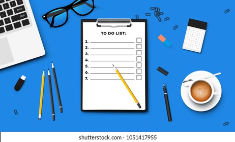 Empty To Do List On Paper Holder. Conceptual Vector Perfect Illustration With Top View On The Working Table.