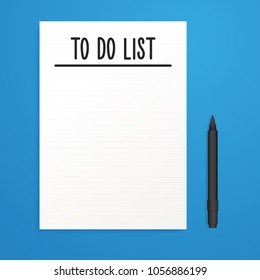 Empty To Do List page sheet with black pen and blue Background. Vector illustration template with copy space