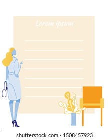 Empty Doctors Prescription Form Simple Flat Design. Cartoon Female Medical Specialist Character in Uniform with Stethoscope Looking at Unfilled Lines. Online Treatment Recipe. Vector Illustration