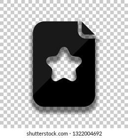 Empty document, favourite note, list with star, icon. Black glass icon with soft shadow on transparent background
