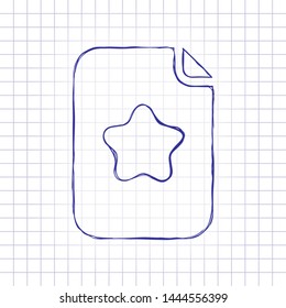 Empty document, favourite note, list with star, icon. Hand drawn picture on paper sheet. Blue ink, outline sketch style. Doodle on checkered background