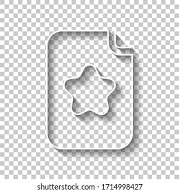 Empty document, favourite note, list with star, icon. White outline sign with shadow on transparent background