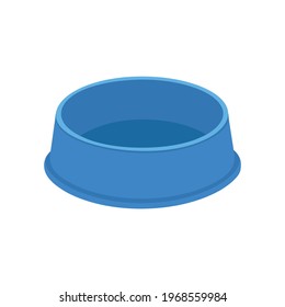 Empty dog or cat food bowl. Blue pet plastic plate for kibble or water isolated on white background. Vector flat illustration.
