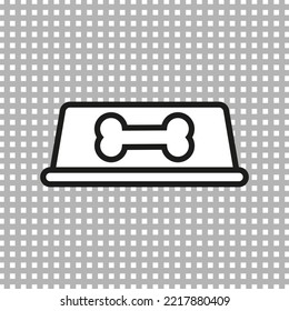 Empty dog food bowl icon and bone print  Black   white line vector illustration transparent background 