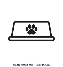 Empty dog food bowl icon with paw print. Black and white line vector illustration. 