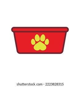 Empty dog food bowl with paw print. Vector icon. Isolated on white background.