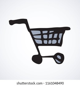 Empty dolly warehouse trolly wagon for spend on white backdrop. E-mall app label concept. Freehand outline black ink hand drawn picture emblem sketchy in art modern scribble cartoon style pen on paper