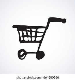 Empty dolly warehouse trolly wagon for spend on white backdrop. E-mall app label concept. Freehand outline black ink hand drawn picture emblem sketchy in art modern scribble cartoon style pen on paper