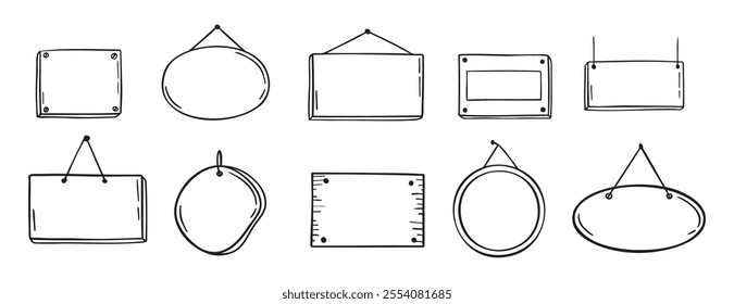 Empty door tag doodle hand drawn icon set. Shop door badge hanging label. Outline drawing empty door tag template line clipart symbol. Vector illustration