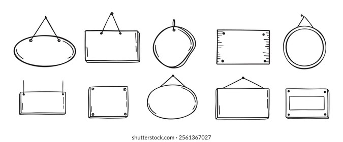 Empty door tag doodle hand drawn icon set. Shop door badge hanging label. Outline drawing empty door tag template line clipart symbol. Vector illustration