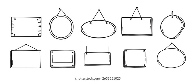 Empty door tag doodle hand drawn icon set. Shop door badge hanging label. Outline drawing empty door tag template line clipart symbol. Vector illustration