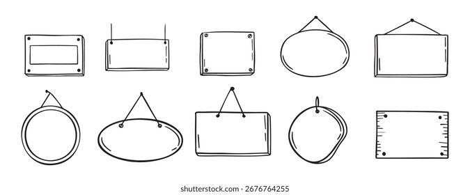 Conjunto de ícones de desenho à mão de doodle de etiqueta de porta vazia. Rótulo pendurado do crachá da porta da loja. Desenho de contorno símbolo clipart de linha de modelo de etiqueta de porta vazia. Ilustração vetorial