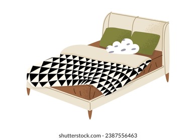 An empty double bed with a soft beige headboard, a graphic bedspread and a cloud-shaped pillow. Bed sheets. Bedroom decor, cozy home interior. Isolated vector illustration in cartoon style. 