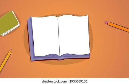 Empty double opened page of diary with Pencil and accessories on wood table. Business background concept. 2d Background for animation