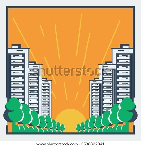 Empty downtown city street without people and cars, avenue with trees and skyscrapers, cityscape. Vector illustration