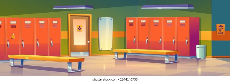 Empty dressing room background with individual metal lockers, benches, mirror and shower sign on wall. Contemporary vector illustration of space for changing clothes at school, sports gym or hospital