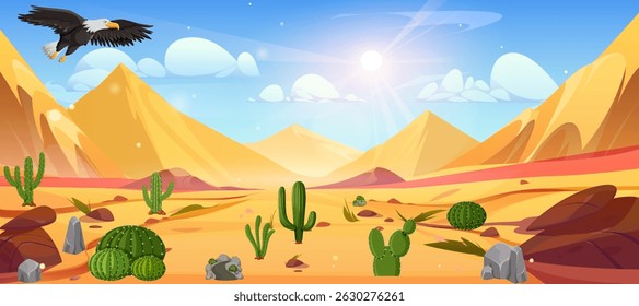 Empty Dubai desert cartoon vector landscape background. Africa drought sand ground scenery panorama view illustration with hills and mountain terrain. Summer game environment with sun beam and cloud