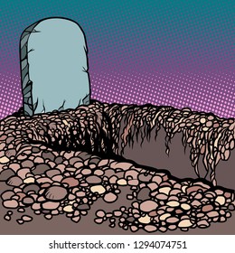 Empty dug grave. Cemetery graveyard churchyard necropolis. Comic cartoon pop art retro vector illustration drawing