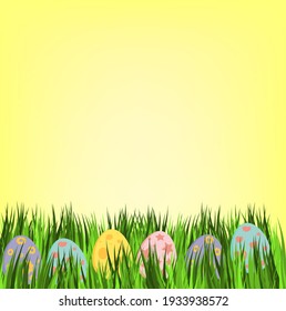 Empty easter card with eggs in pastel colors. Few ornamental egg lying on green grass. Holiday vector design on yellow background. Great for happy easter concept.
