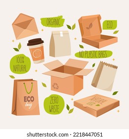 Empty eco package set includes paper containers, boxes, takeaway glasses, etc.
Concept of care about the environment