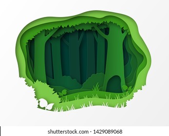 Empty edge of the forest, the park. 3D design with green layers and trees. Grass, bushes, thicket. Paper cut.