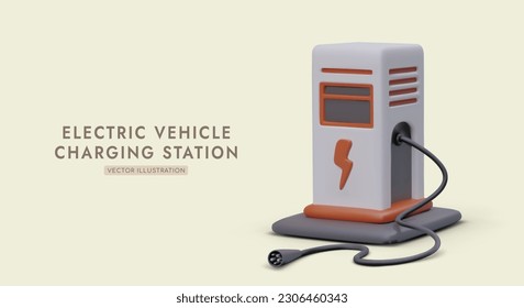Estación de carga eléctrica vacía para vehículos. Enchufe con conector internacional. Ilustración en color 3D para aplicaciones de búsqueda de estaciones de carga. Fuente de alimentación