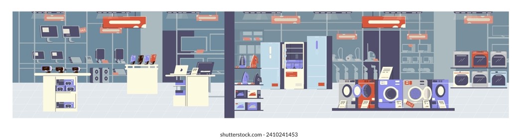 Empty electronic shop appliances store. Cartoon vector flat illustrations set of retail business. Household appliances washing machine, iron, refrigerator. Digital devices phones, laptops, tablets