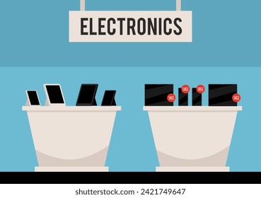 Empty electronic shop appliances store. Digital devices computers, laptops, tablets, smartphone. Cartoon vector flat illustration of interior with counter, showroom stand. Display goods for sale