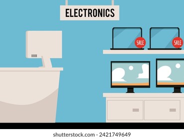 Empty electronic shop appliances store. Digital devices computers, laptops, tablets, tv set. Cartoon vector flat illustration of retail business, interior with shelves and counter