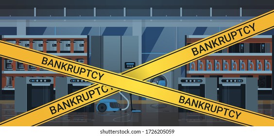 Empty Electronics Store With Yellow Bankruptcy Tape Coronavirus Pandemic Quarantine Covid-19 Concept No People Shop Interior Horizontal Vector Illustration