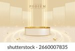 Empty elegant podium golden on cream color background with light neon effects and glow bokeh with gold ball decorations. Luxury scene design concept.