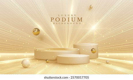 Empty elegant podium golden on cream color background with light neon effects and glow bokeh with gold ball decorations. Luxury scene design concept.