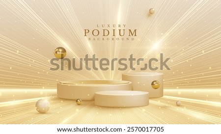 Empty elegant podium golden on cream color background with light neon effects and glow bokeh with gold ball decorations. Luxury scene design concept.