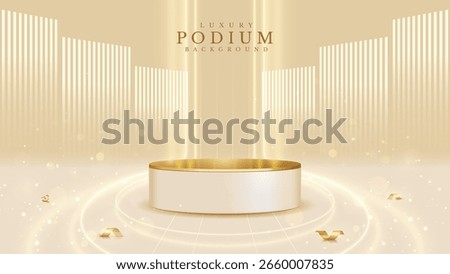 Empty elegant podium golden on cream color background with light neon effects and glow bokeh with gold ball decorations. Luxury scene design concept.